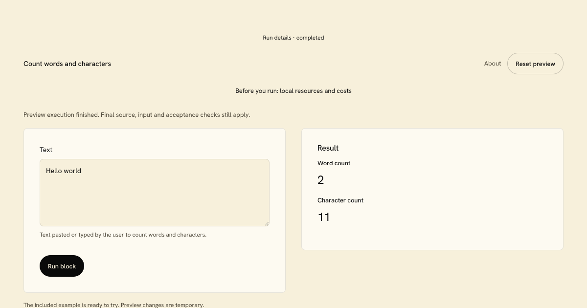 Count words and characters Block preview