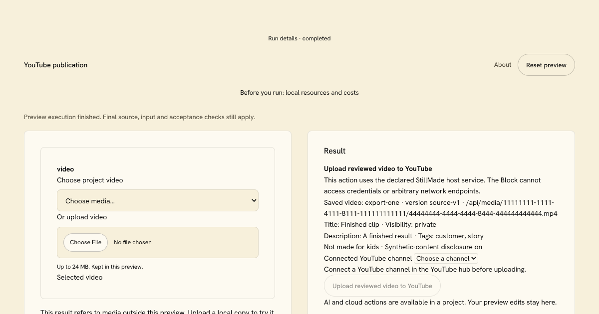 YouTube publication Block preview